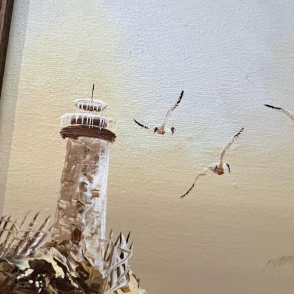 🎉SALE🎉 Framed Oil Painting Coastal Lighthouse‎ Seascape Beach Scene Signed - Picture 9 of 11